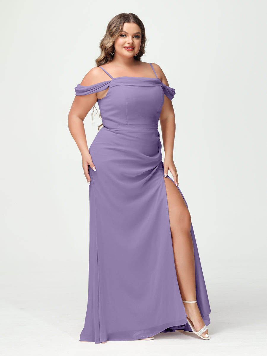 Bainha/Coluna Alças Finas Fora do Ombro Chiffon Split Lado Plus Size Vestidos de Dama de Honra