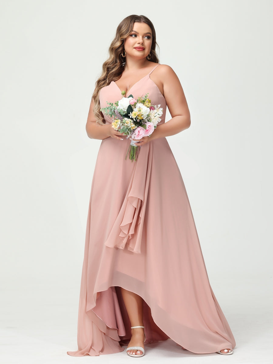 Vestidos Princesa/ Formato A com Alças Finas Em Chiffon Babados Assimétricos Vestidos de Dama de Honra com Bolsos