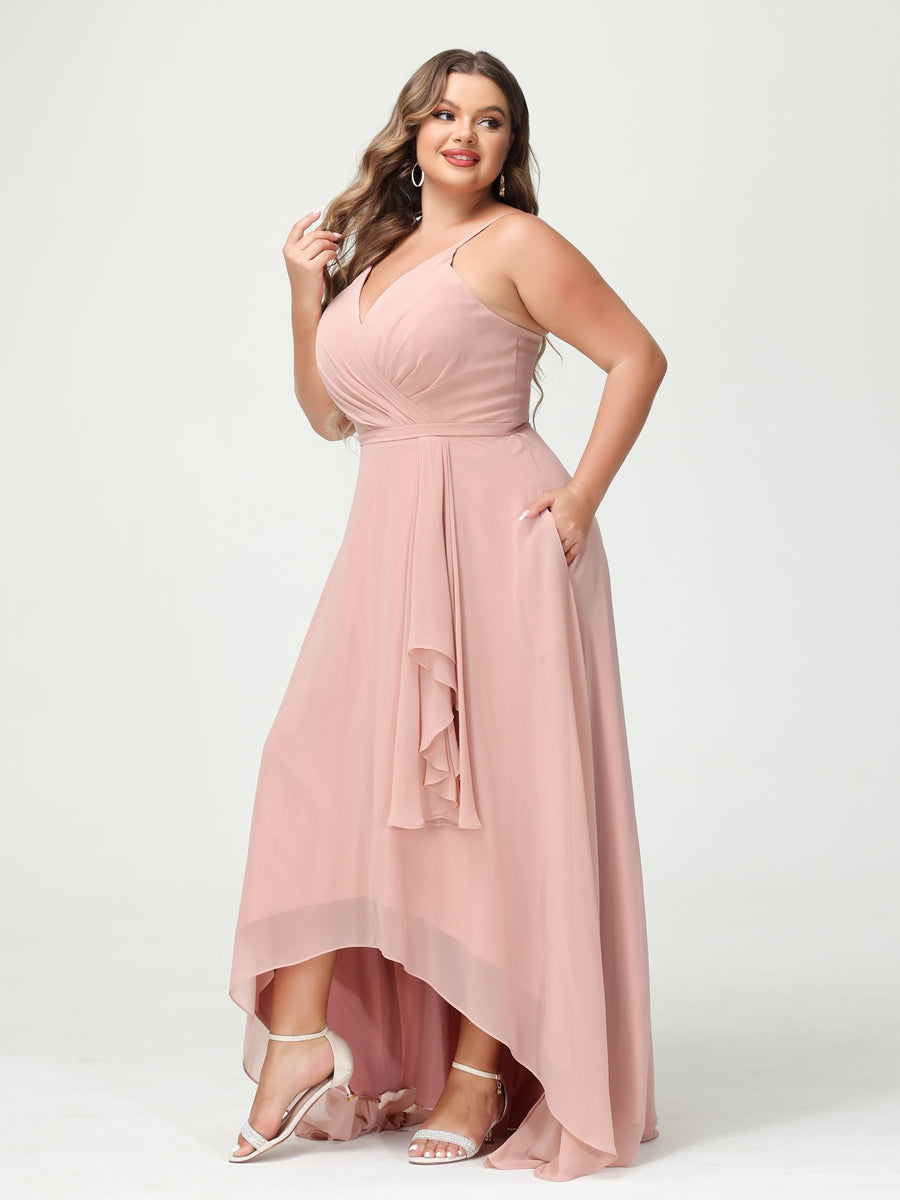 Vestidos Princesa/ Formato A com Alças Finas Em Chiffon Babados Assimétricos Vestidos de Dama de Honra com Bolsos
