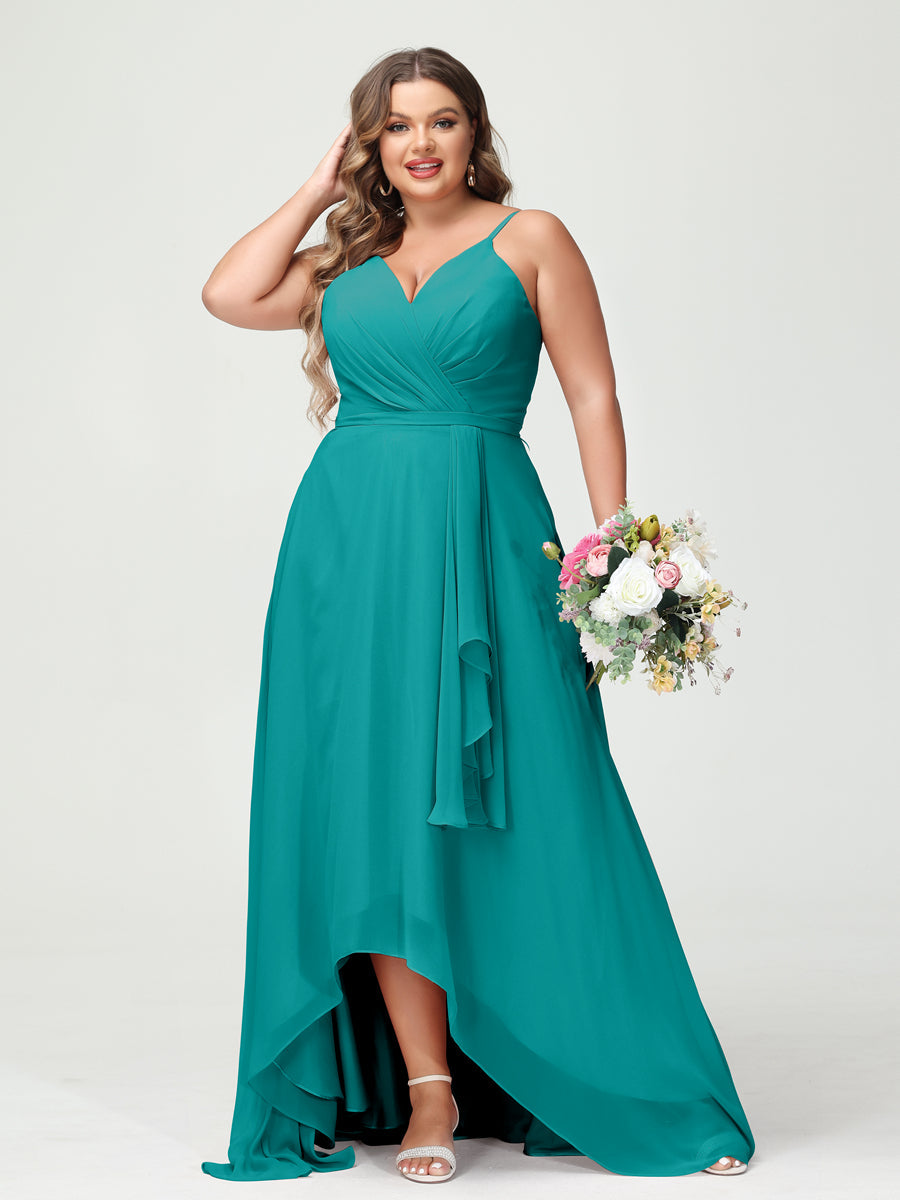 Vestidos Princesa/ Formato A com Alças Finas Em Chiffon Babados Assimétricos Vestidos de Dama de Honra com Bolsos