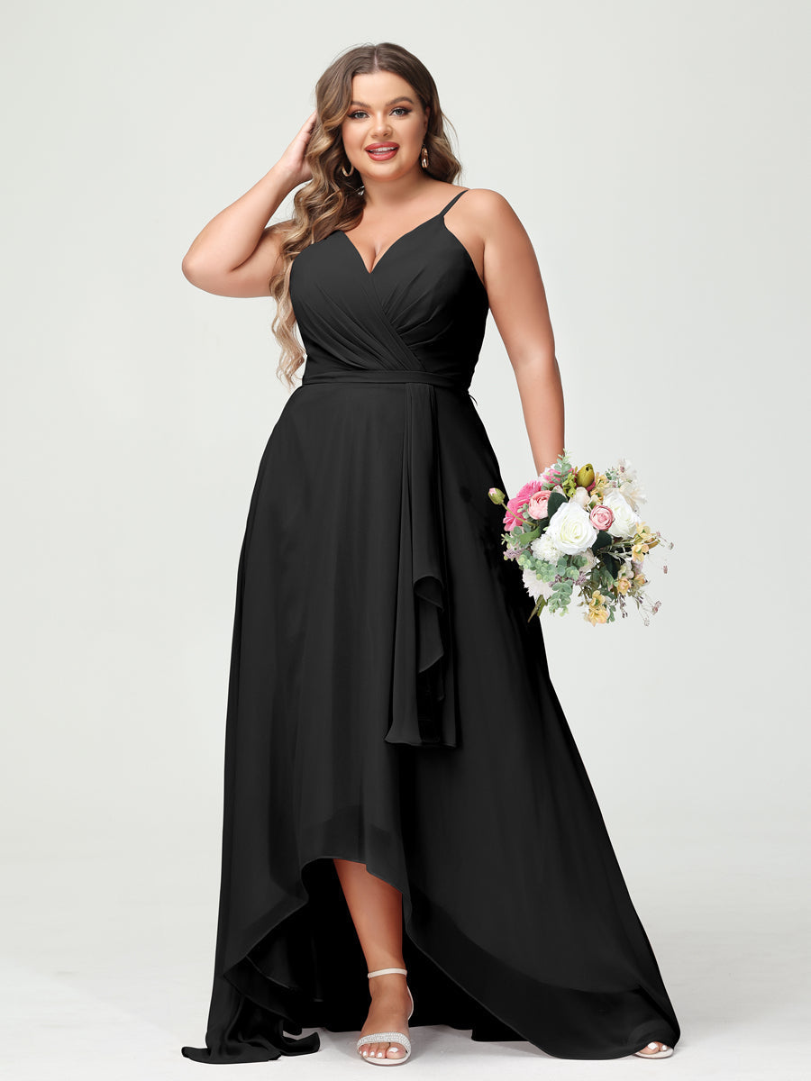 Vestidos Princesa/ Formato A com Alças Finas Em Chiffon Babados Assimétricos Vestidos de Dama de Honra com Bolsos