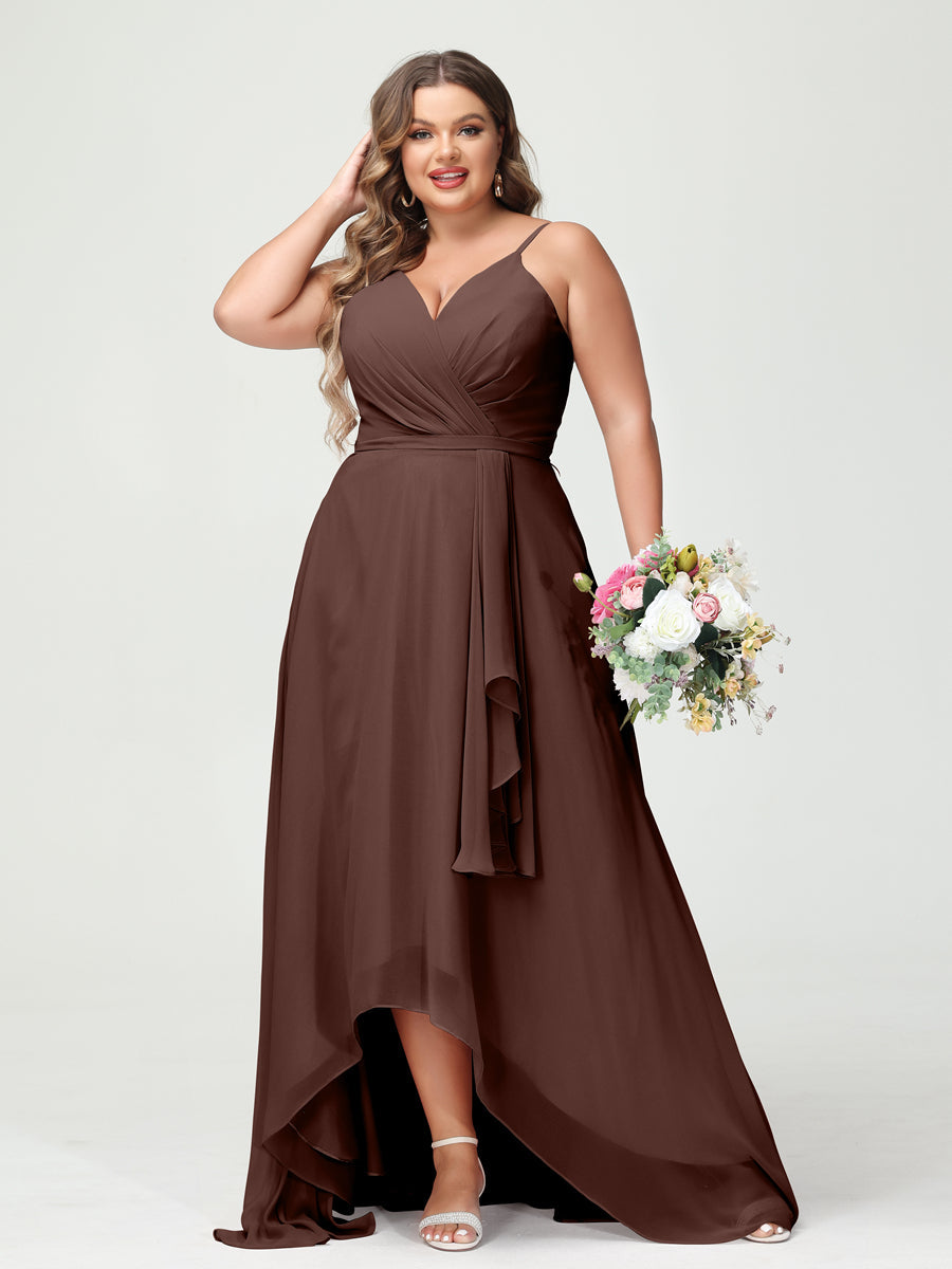 Vestidos Princesa/ Formato A com Alças Finas Em Chiffon Babados Assimétricos Vestidos de Dama de Honra com Bolsos