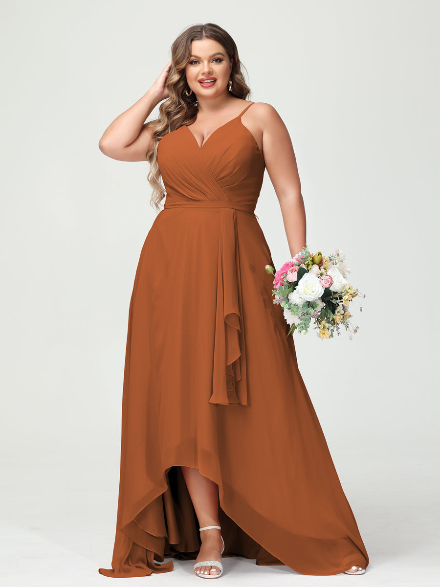 Vestidos Princesa/ Formato A com Alças Finas Em Chiffon Babados Assimétricos Vestidos de Dama de Honra com Bolsos