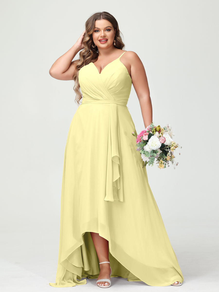 Vestidos Princesa/ Formato A com Alças Finas Em Chiffon Babados Assimétricos Vestidos de Dama de Honra com Bolsos