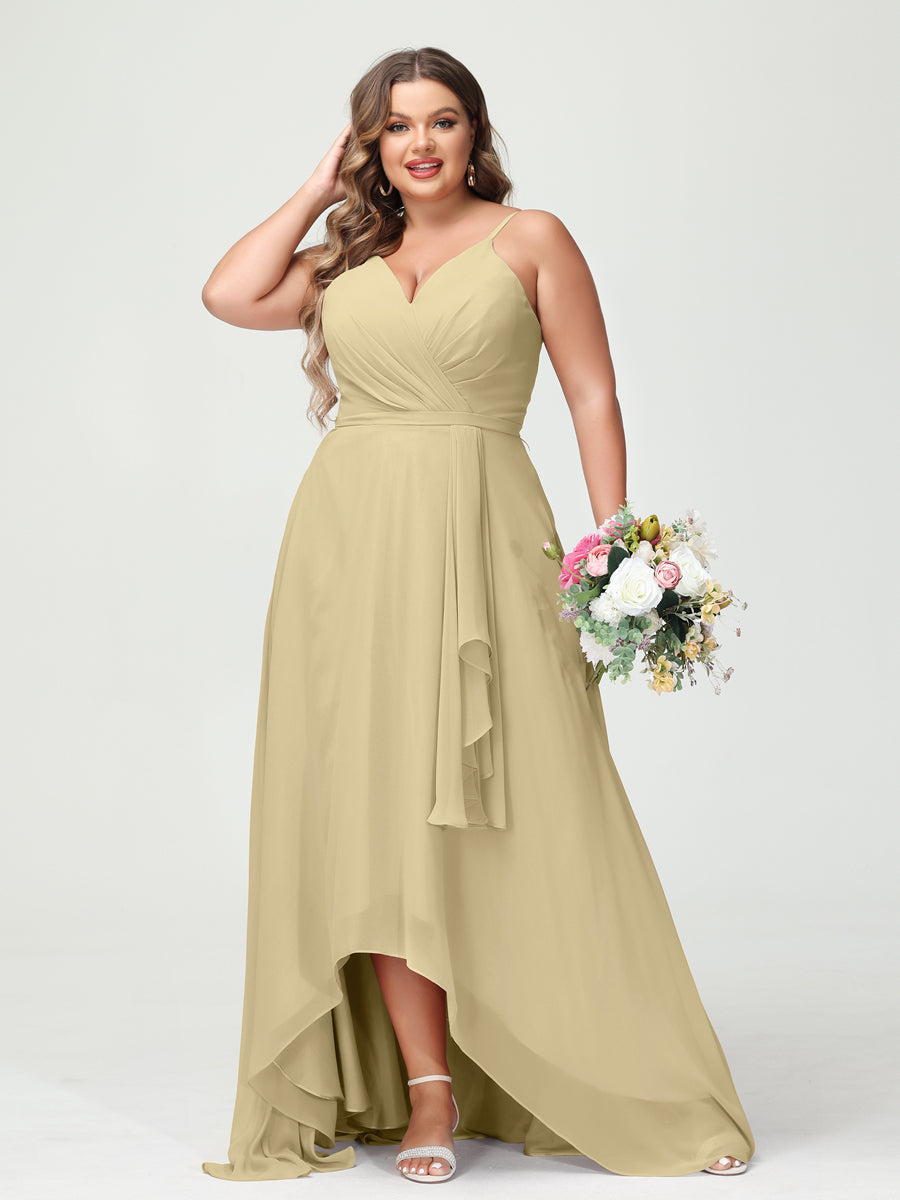 Vestidos Princesa/ Formato A com Alças Finas Em Chiffon Babados Assimétricos Vestidos de Dama de Honra com Bolsos