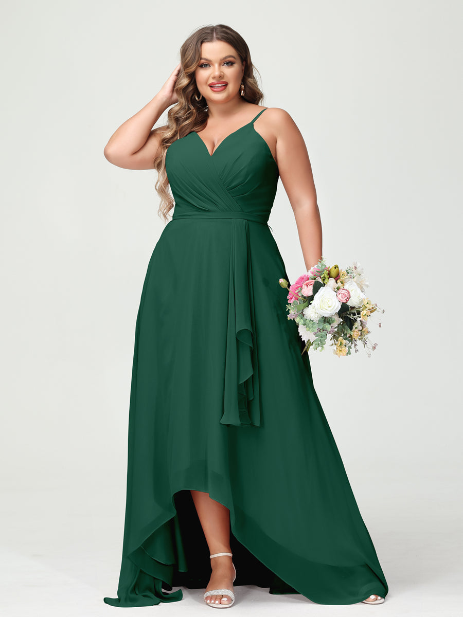 Vestidos Princesa/ Formato A com Alças Finas Em Chiffon Babados Assimétricos Vestidos de Dama de Honra com Bolsos