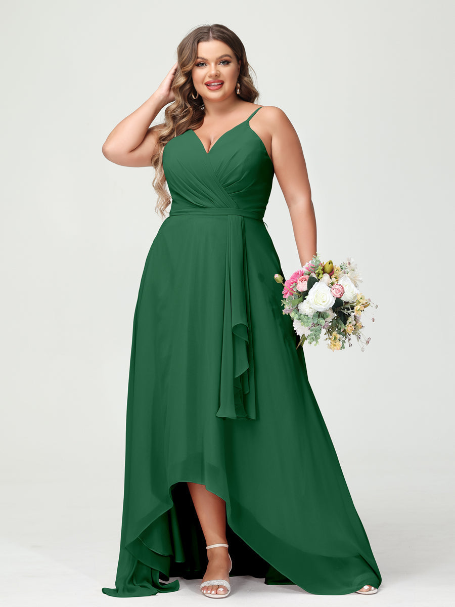 Vestidos Princesa/ Formato A com Alças Finas Em Chiffon Babados Assimétricos Vestidos de Dama de Honra com Bolsos