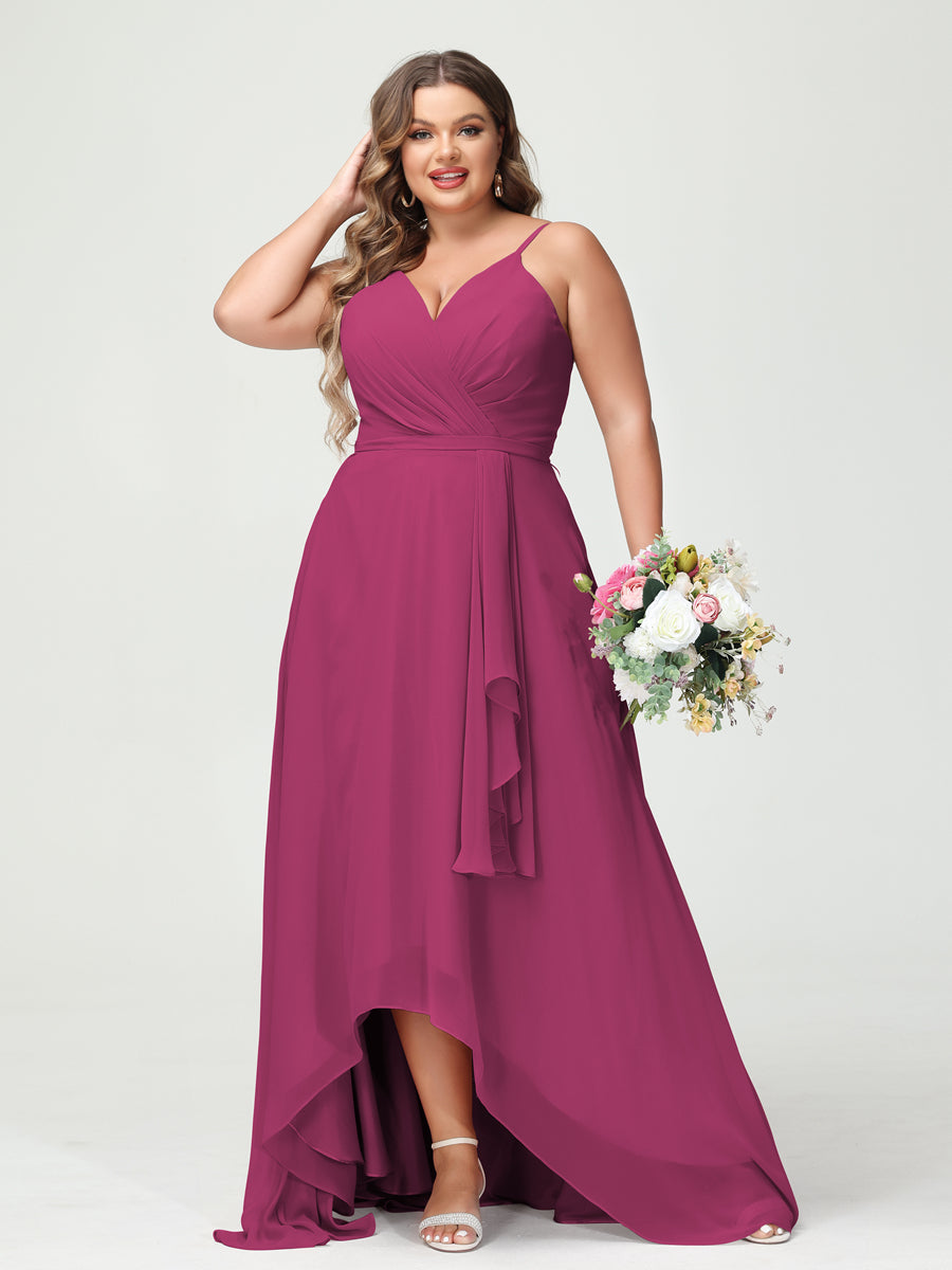 Vestidos Princesa/ Formato A com Alças Finas Em Chiffon Babados Assimétricos Vestidos de Dama de Honra com Bolsos
