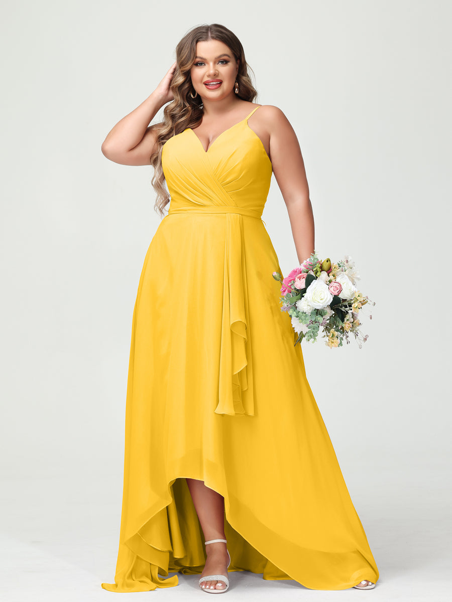 Vestidos Princesa/ Formato A com Alças Finas Em Chiffon Babados Assimétricos Vestidos de Dama de Honra com Bolsos