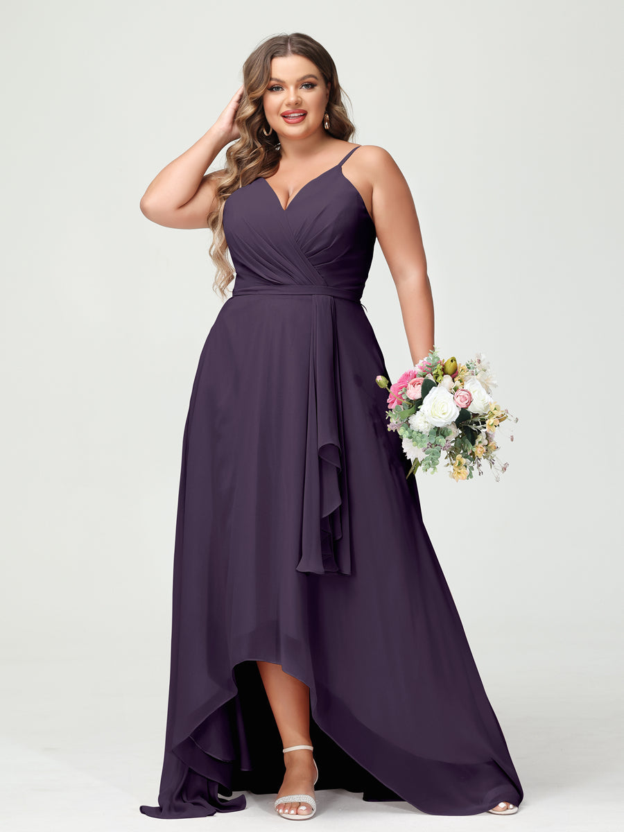 Vestidos Princesa/ Formato A com Alças Finas Em Chiffon Babados Assimétricos Vestidos de Dama de Honra com Bolsos