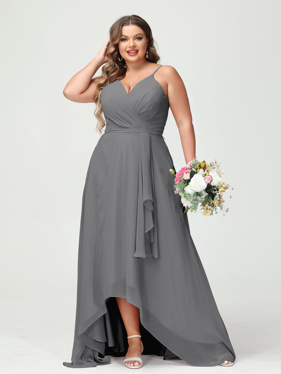 Vestidos Princesa/ Formato A com Alças Finas Em Chiffon Babados Assimétricos Vestidos de Dama de Honra com Bolsos
