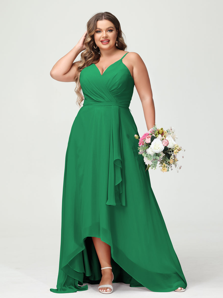 Vestidos Princesa/ Formato A com Alças Finas Em Chiffon Babados Assimétricos Vestidos de Dama de Honra com Bolsos