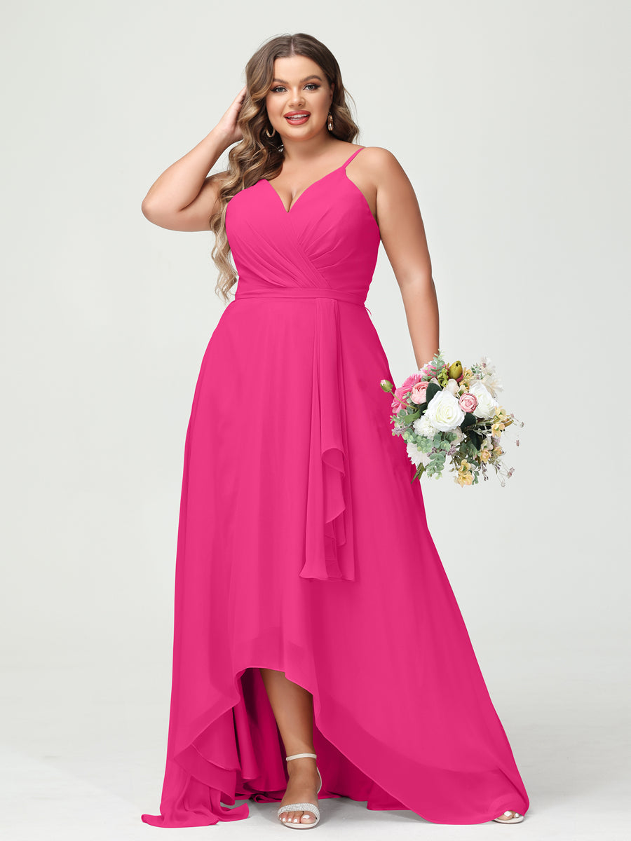 Vestidos Princesa/ Formato A com Alças Finas Em Chiffon Babados Assimétricos Vestidos de Dama de Honra com Bolsos