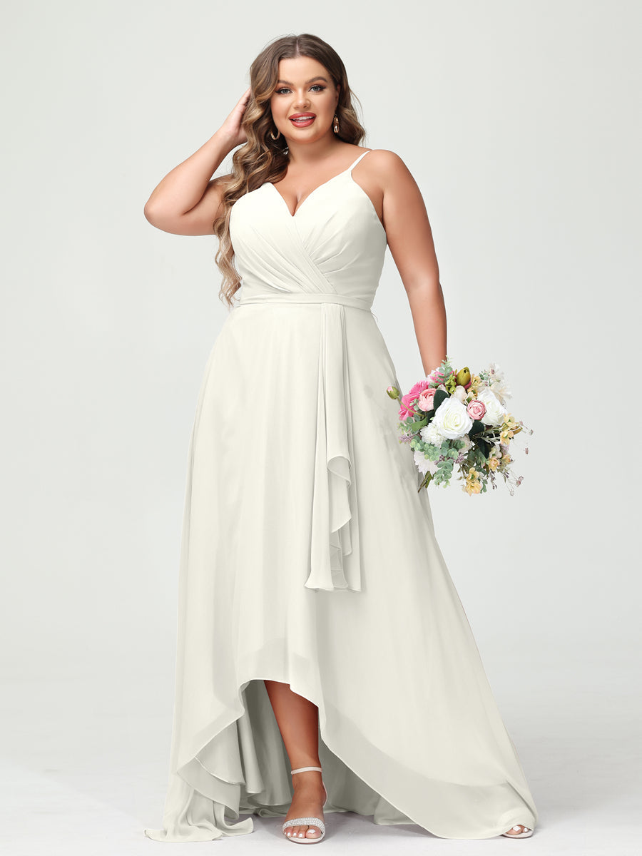 Vestidos Princesa/ Formato A com Alças Finas Em Chiffon Babados Assimétricos Vestidos de Dama de Honra com Bolsos