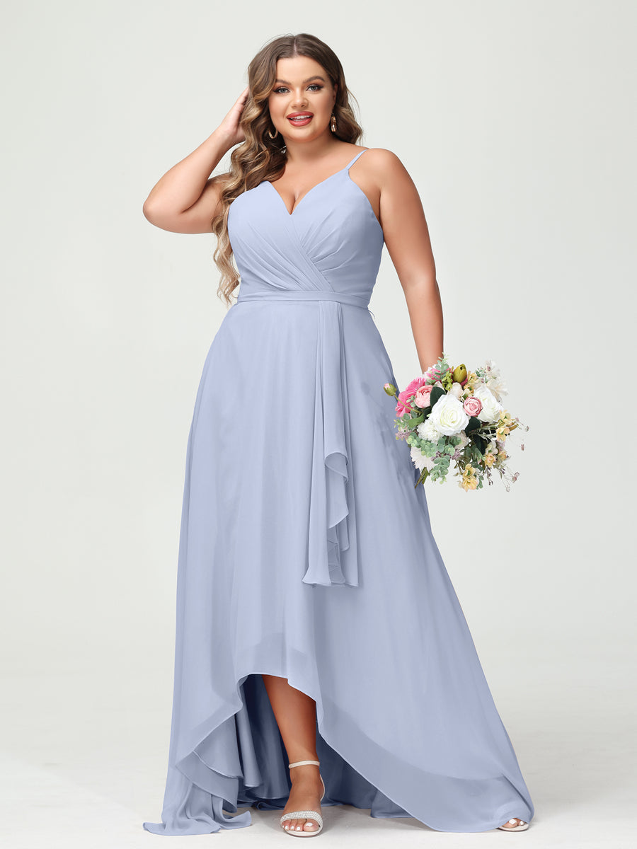 Vestidos Princesa/ Formato A com Alças Finas Em Chiffon Babados Assimétricos Vestidos de Dama de Honra com Bolsos