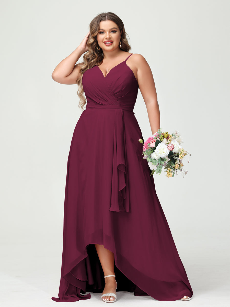 Vestidos Princesa/ Formato A com Alças Finas Em Chiffon Babados Assimétricos Vestidos de Dama de Honra com Bolsos