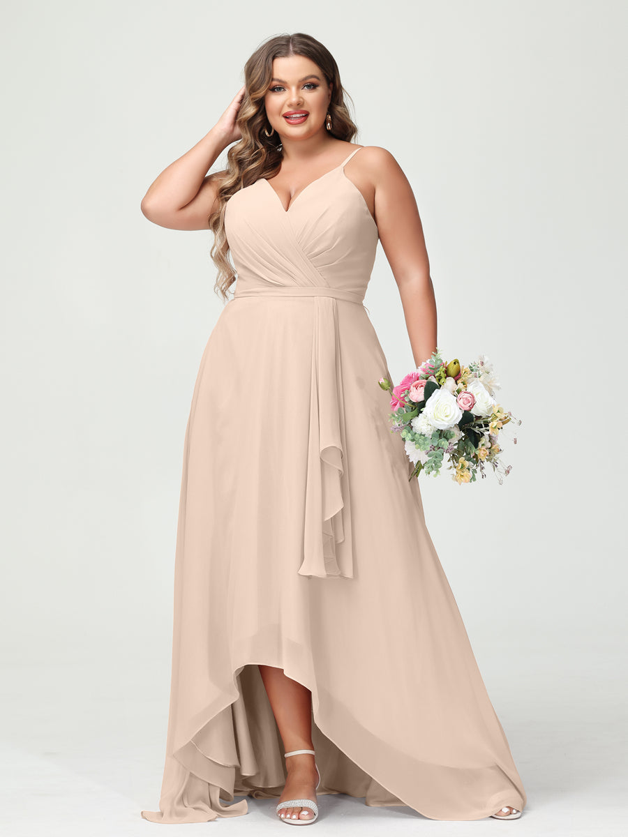 Vestidos Princesa/ Formato A com Alças Finas Em Chiffon Babados Assimétricos Vestidos de Dama de Honra com Bolsos