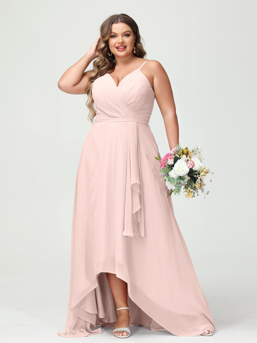 Vestidos Princesa/ Formato A com Alças Finas Em Chiffon Babados Assimétricos Vestidos de Dama de Honra com Bolsos