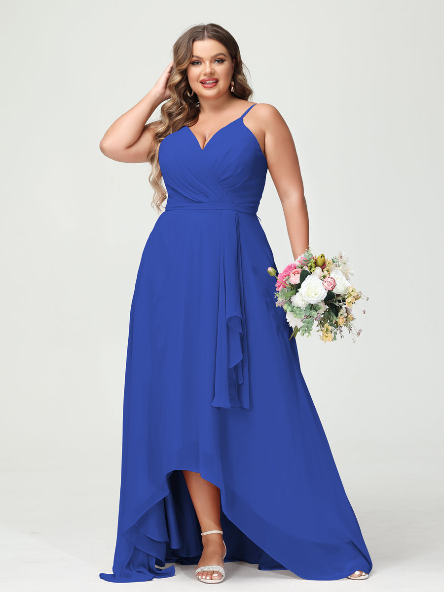 Vestidos Princesa/ Formato A com Alças Finas Em Chiffon Babados Assimétricos Vestidos de Dama de Honra com Bolsos