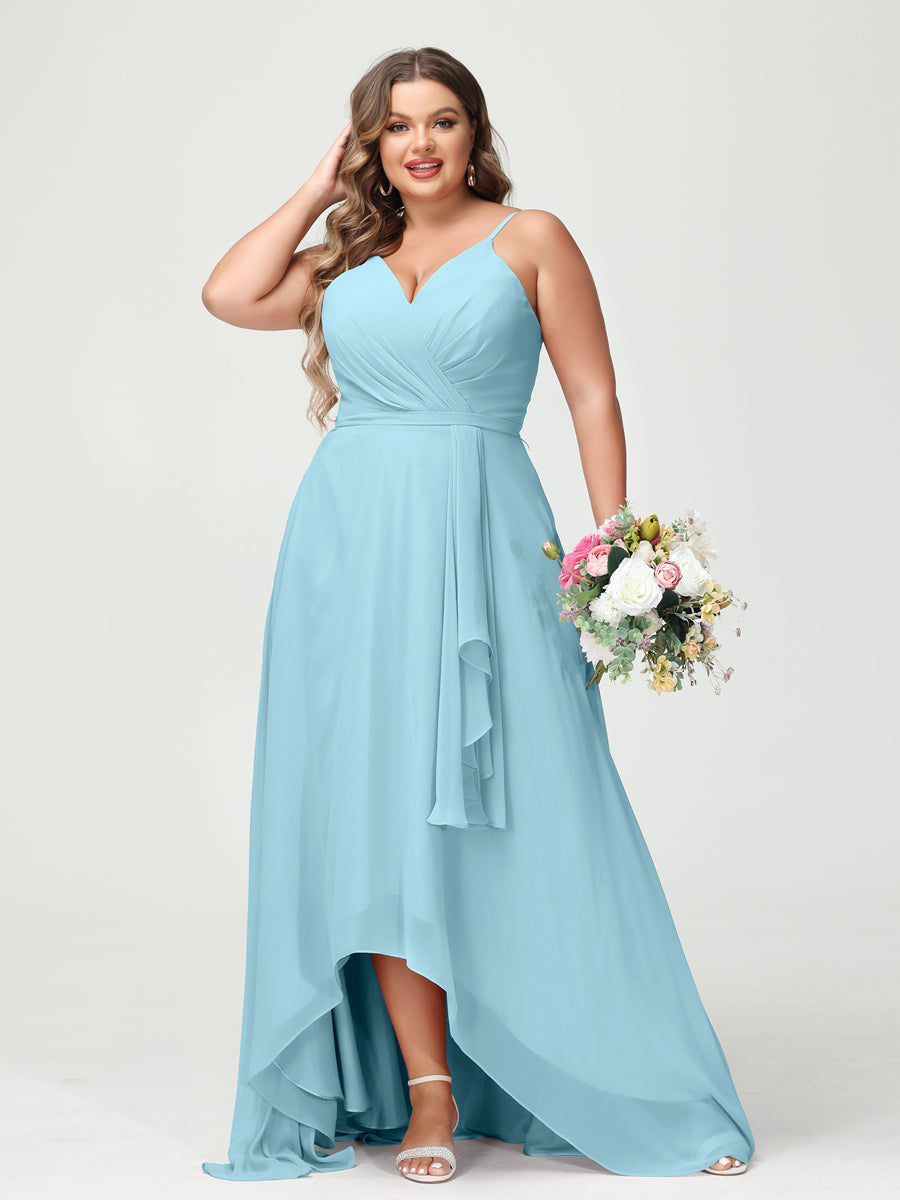 Vestidos Princesa/ Formato A com Alças Finas Em Chiffon Babados Assimétricos Vestidos de Dama de Honra com Bolsos