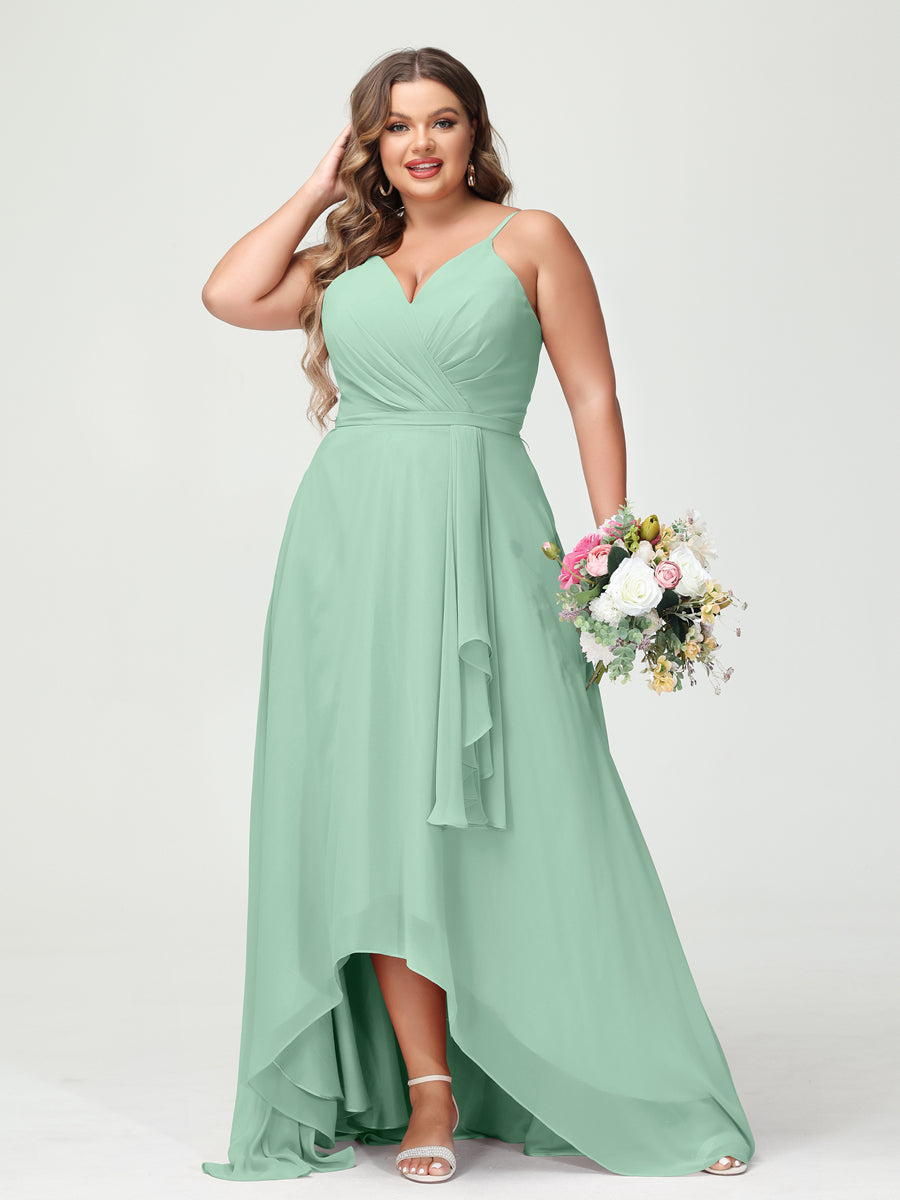 Vestidos Princesa/ Formato A com Alças Finas Em Chiffon Babados Assimétricos Vestidos de Dama de Honra com Bolsos