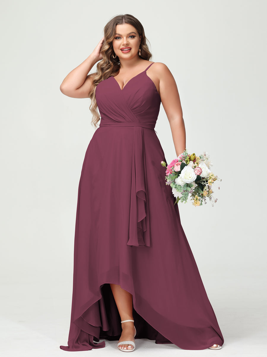 Vestidos Princesa/ Formato A com Alças Finas Em Chiffon Babados Assimétricos Vestidos de Dama de Honra com Bolsos