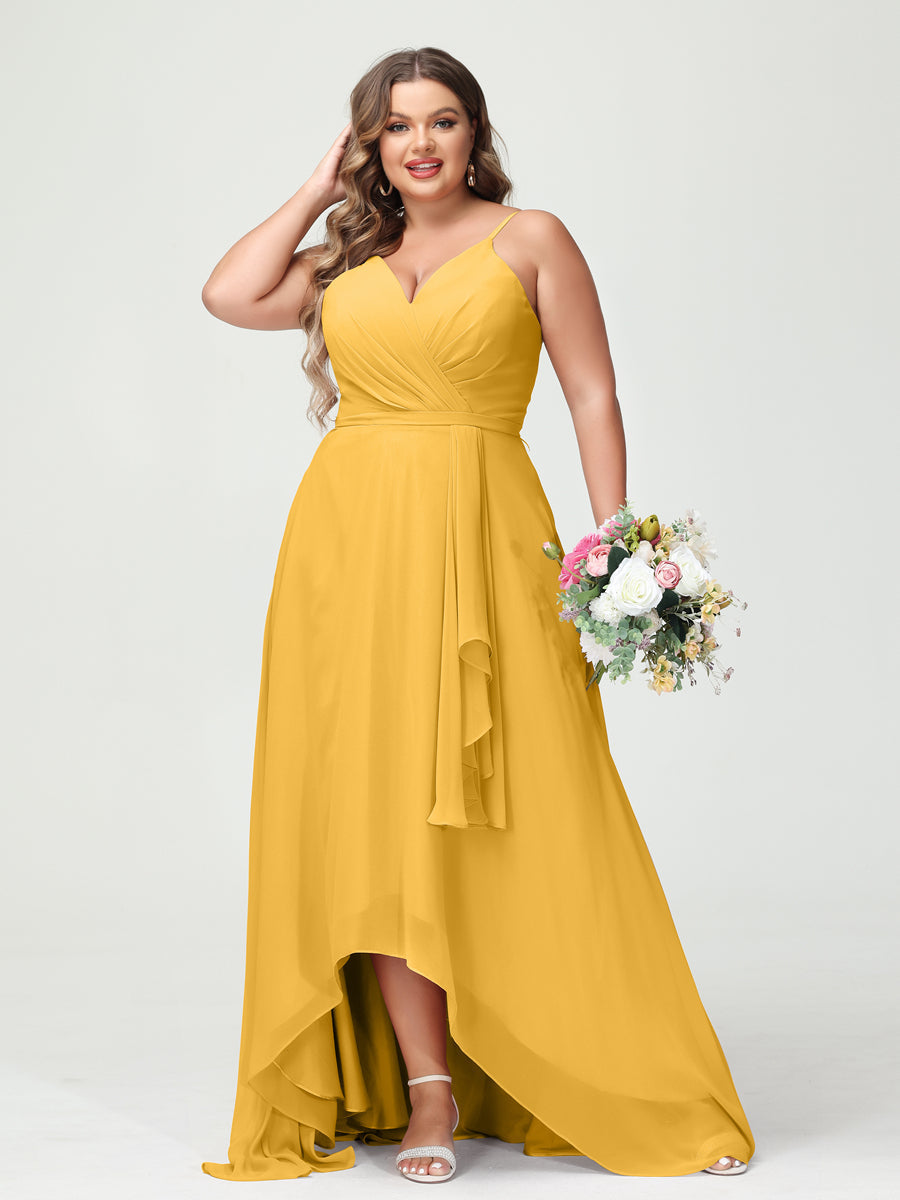 Vestidos Princesa/ Formato A com Alças Finas Em Chiffon Babados Assimétricos Vestidos de Dama de Honra com Bolsos