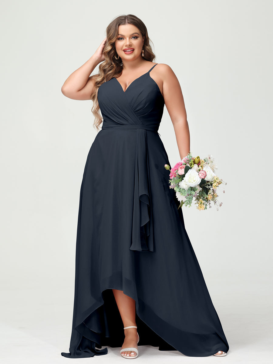 Vestidos Princesa/ Formato A com Alças Finas Em Chiffon Babados Assimétricos Vestidos de Dama de Honra com Bolsos