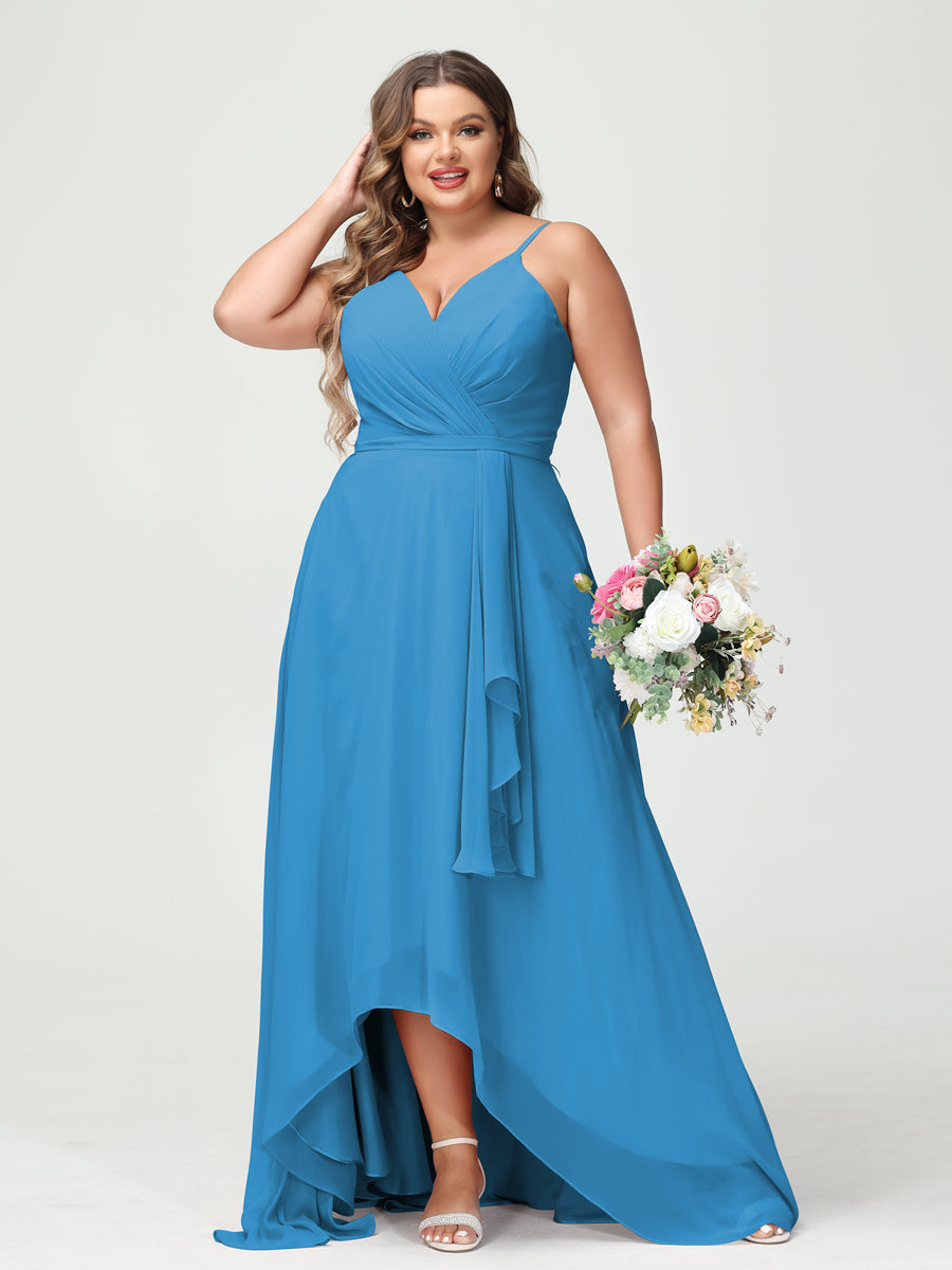 Vestidos Princesa/ Formato A com Alças Finas Em Chiffon Babados Assimétricos Vestidos de Dama de Honra com Bolsos