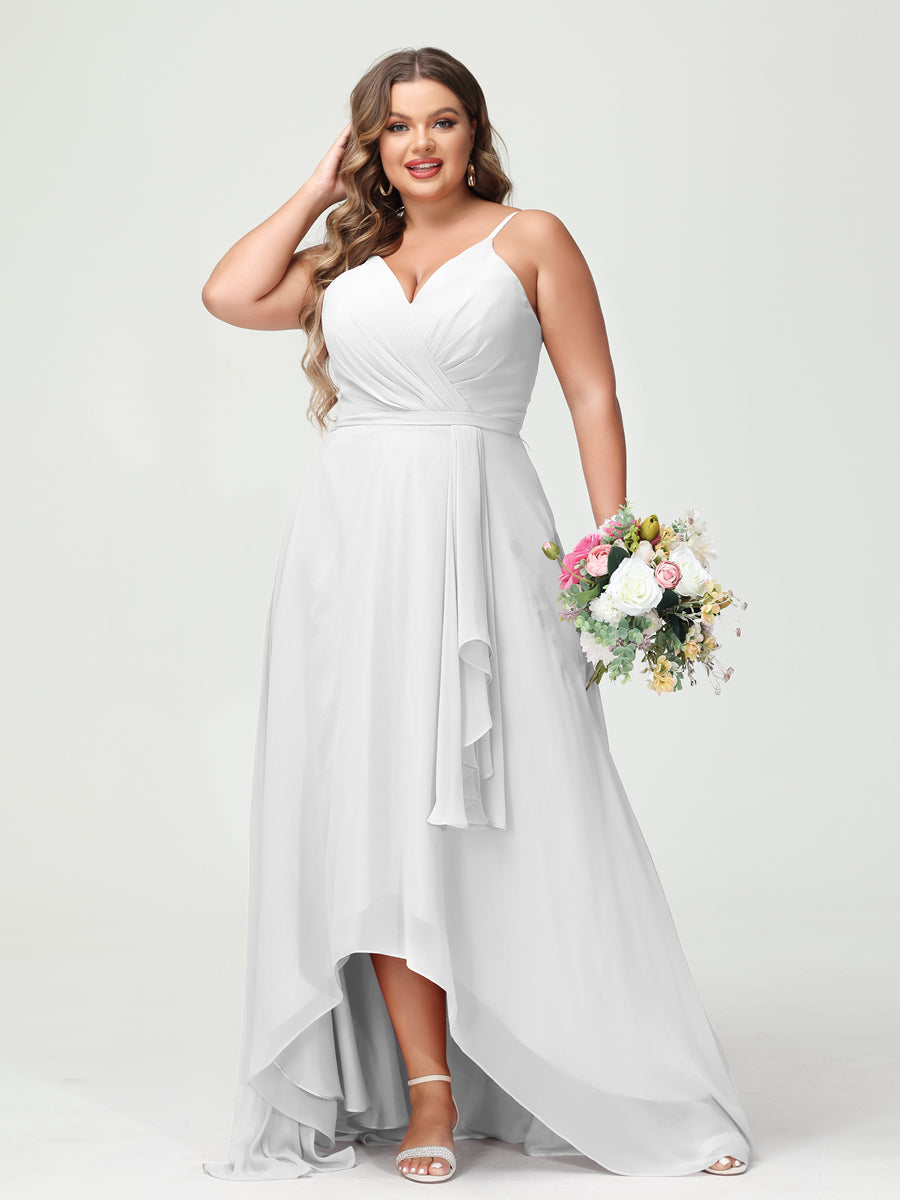 Vestidos Princesa/ Formato A com Alças Finas Em Chiffon Babados Assimétricos Vestidos de Dama de Honra com Bolsos