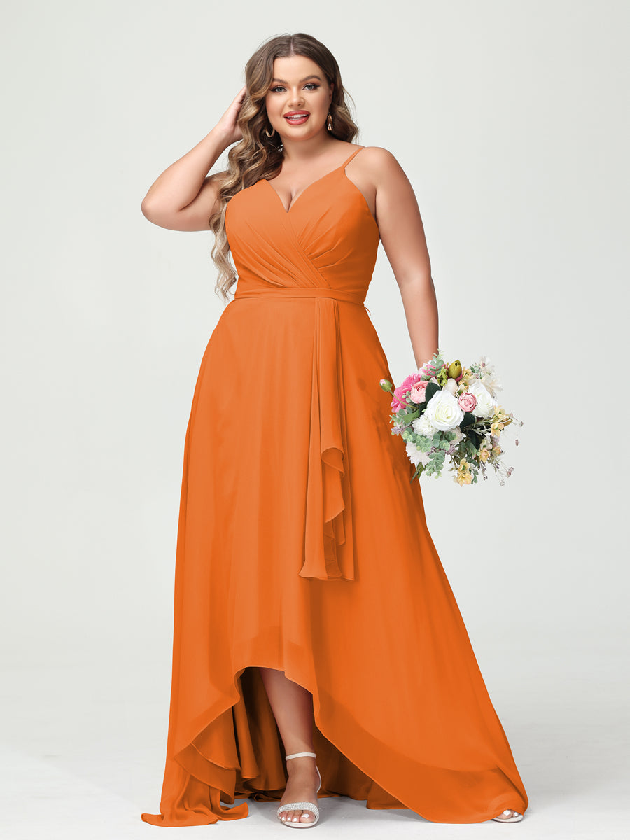 Vestidos Princesa/ Formato A com Alças Finas Em Chiffon Babados Assimétricos Vestidos de Dama de Honra com Bolsos