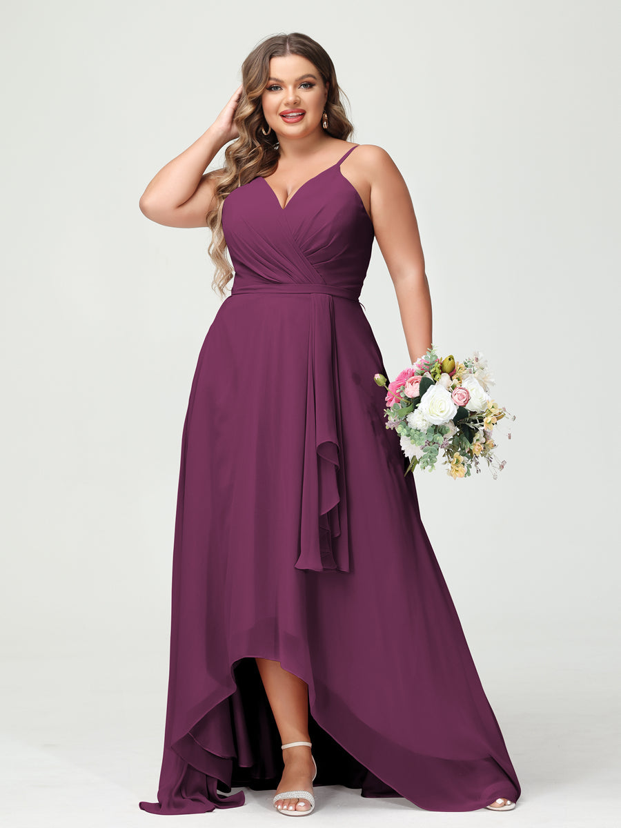 Vestidos Princesa/ Formato A com Alças Finas Em Chiffon Babados Assimétricos Vestidos de Dama de Honra com Bolsos