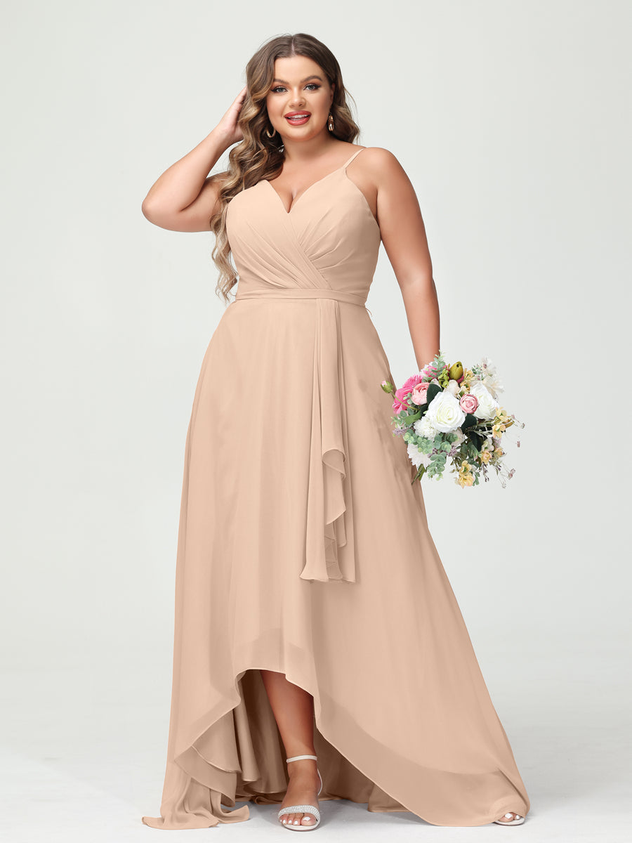 Vestidos Princesa/ Formato A com Alças Finas Em Chiffon Babados Assimétricos Vestidos de Dama de Honra com Bolsos
