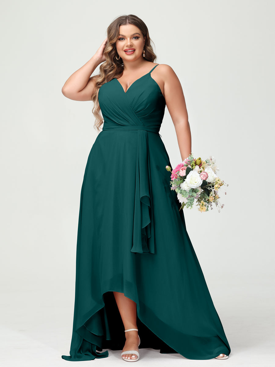 Vestidos Princesa/ Formato A com Alças Finas Em Chiffon Babados Assimétricos Vestidos de Dama de Honra com Bolsos