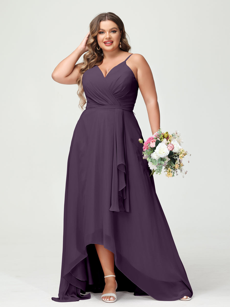 Vestidos Princesa/ Formato A com Alças Finas Em Chiffon Babados Assimétricos Vestidos de Dama de Honra com Bolsos