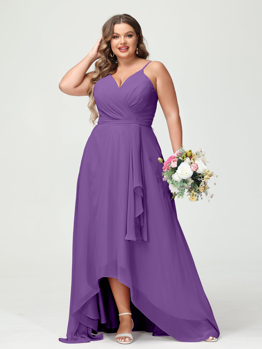 Vestidos Princesa/ Formato A com Alças Finas Em Chiffon Babados Assimétricos Vestidos de Dama de Honra com Bolsos