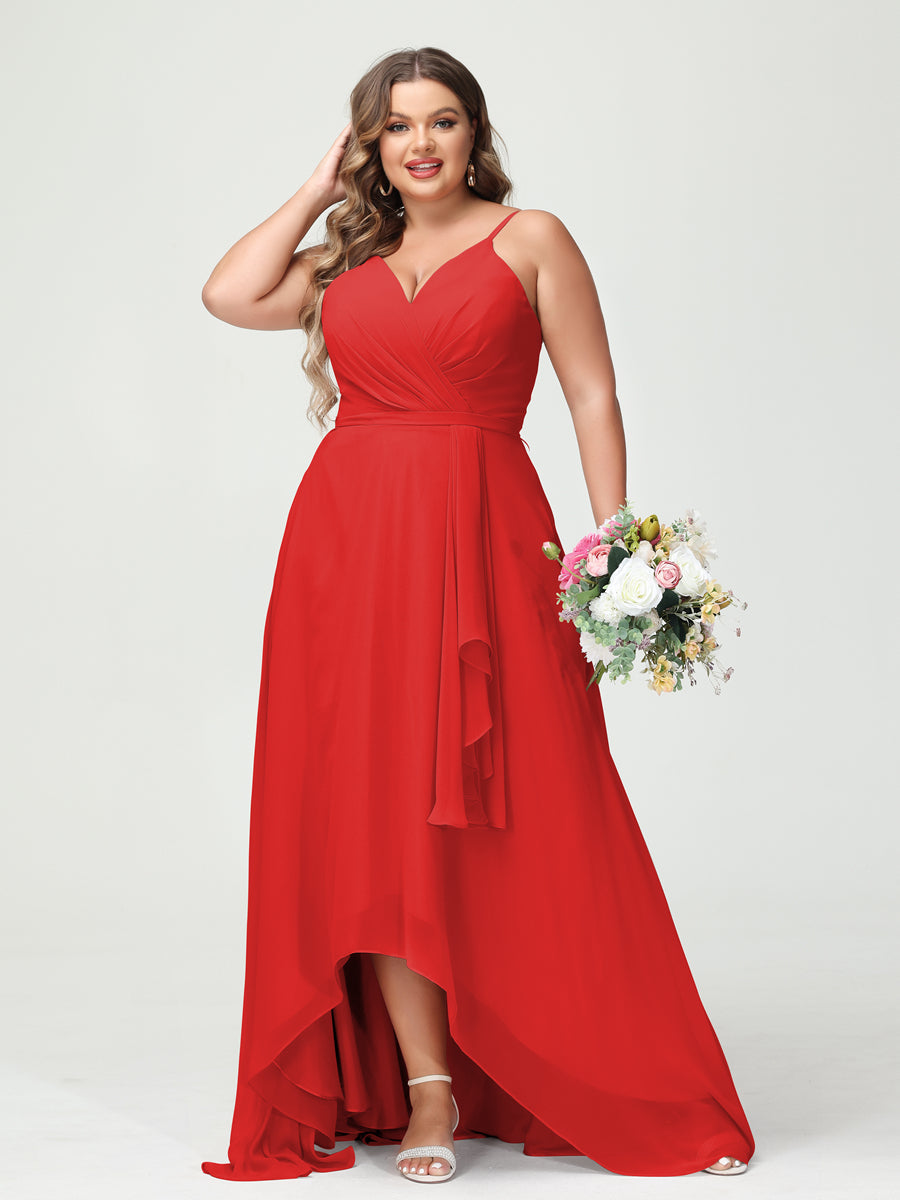Vestidos Princesa/ Formato A com Alças Finas Em Chiffon Babados Assimétricos Vestidos de Dama de Honra com Bolsos