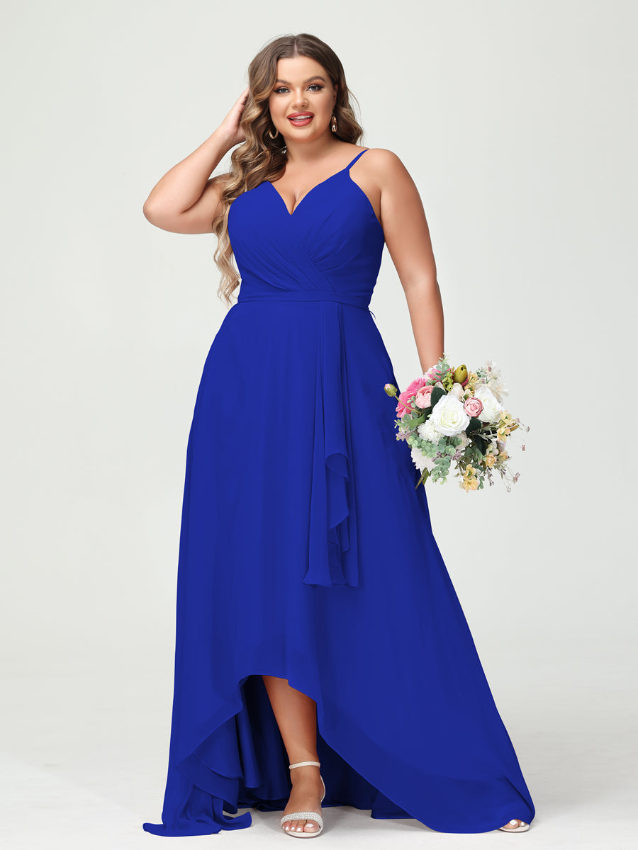 Vestidos Princesa/ Formato A com Alças Finas Em Chiffon Babados Assimétricos Vestidos de Dama de Honra com Bolsos