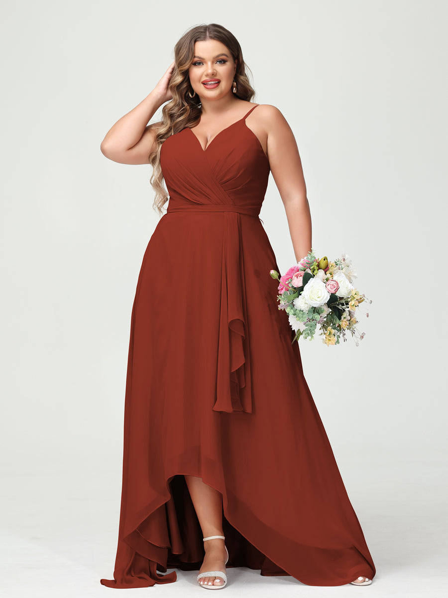 Vestidos Princesa/ Formato A com Alças Finas Em Chiffon Babados Assimétricos Vestidos de Dama de Honra com Bolsos