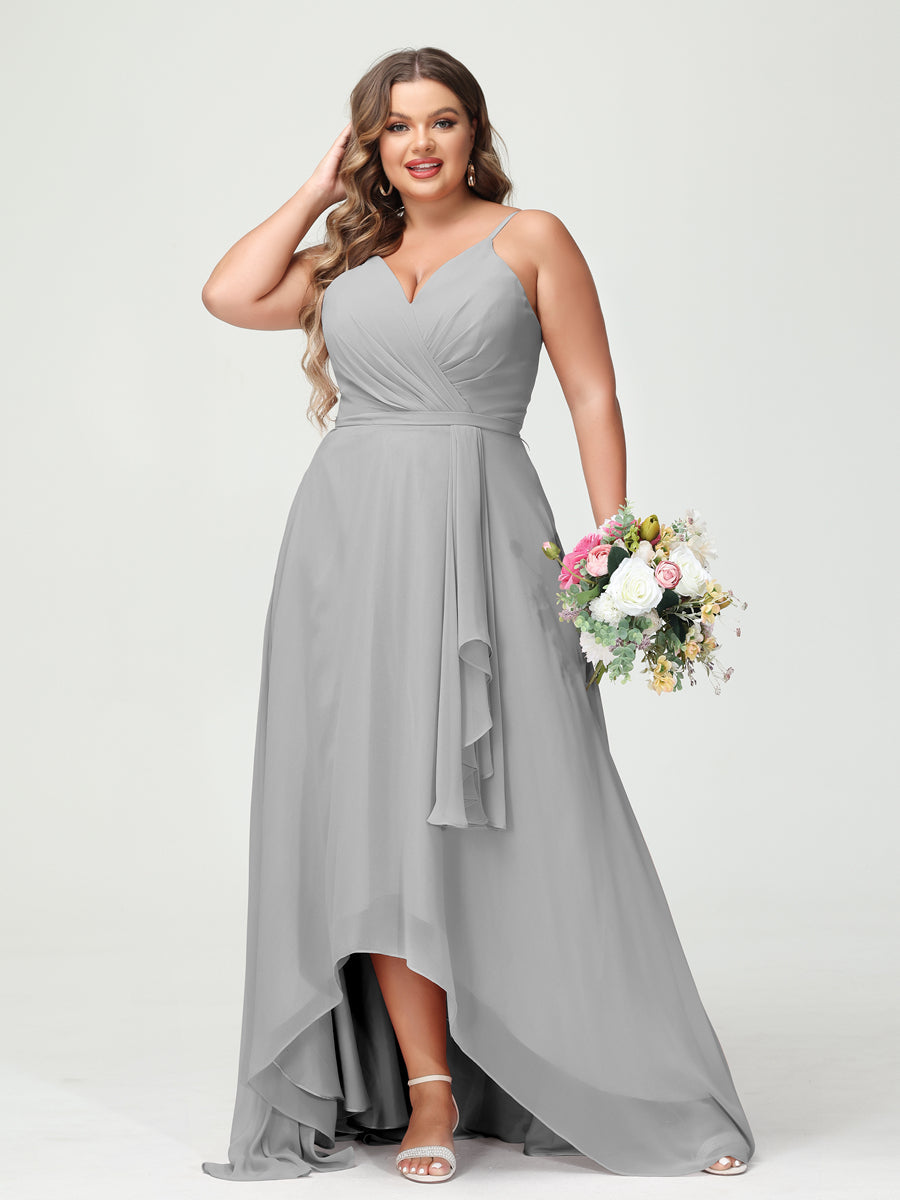 Vestidos Princesa/ Formato A com Alças Finas Em Chiffon Babados Assimétricos Vestidos de Dama de Honra com Bolsos
