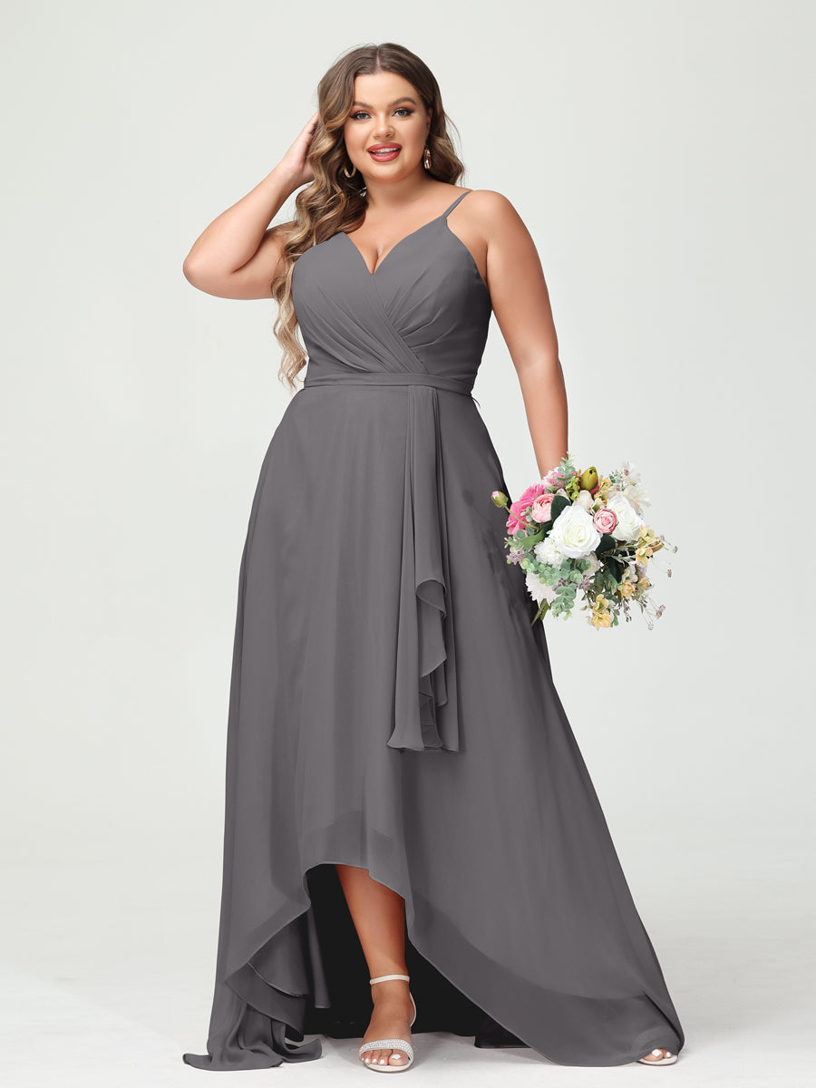 Vestidos Princesa/ Formato A com Alças Finas Em Chiffon Babados Assimétricos Vestidos de Dama de Honra com Bolsos