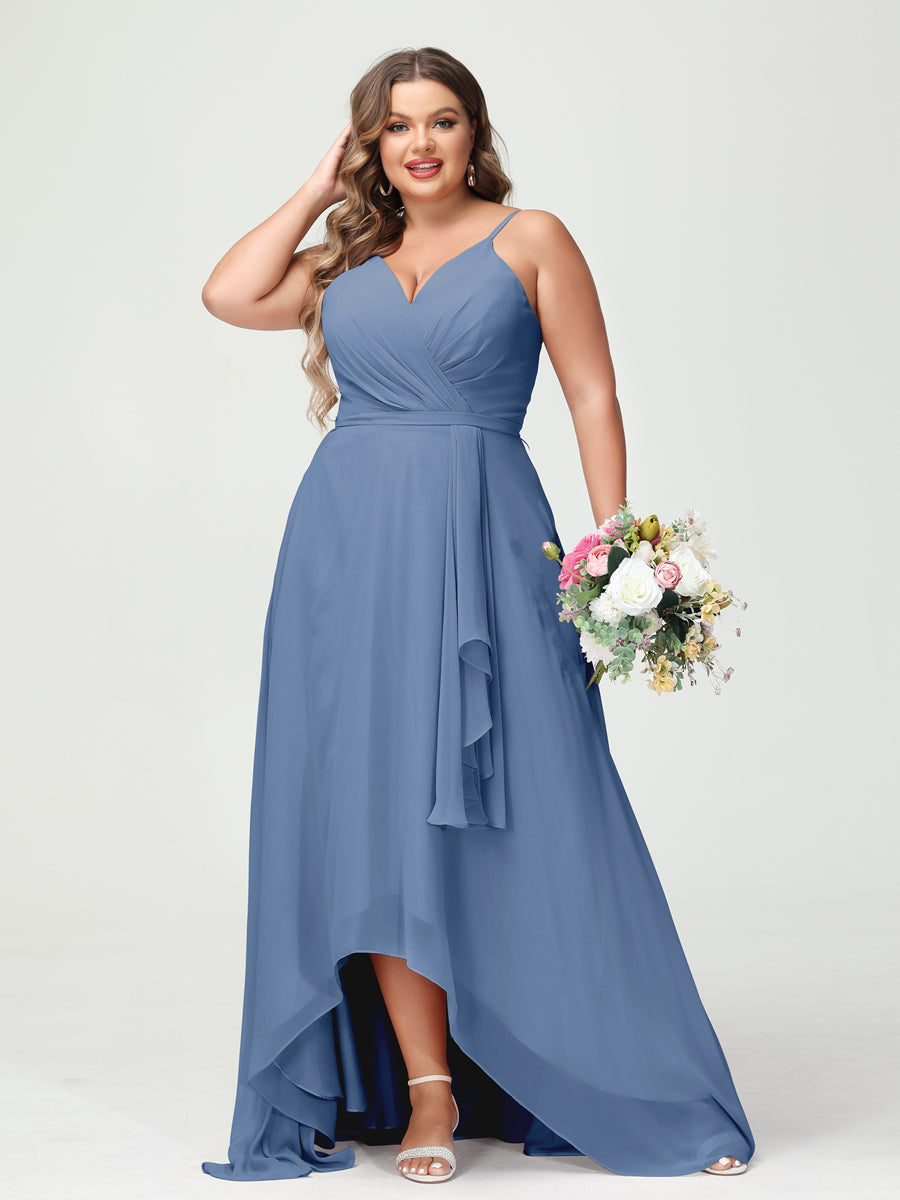 Vestidos Princesa/ Formato A com Alças Finas Em Chiffon Babados Assimétricos Vestidos de Dama de Honra com Bolsos