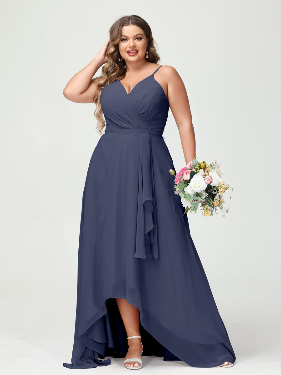 Vestidos Princesa/ Formato A com Alças Finas Em Chiffon Babados Assimétricos Vestidos de Dama de Honra com Bolsos
