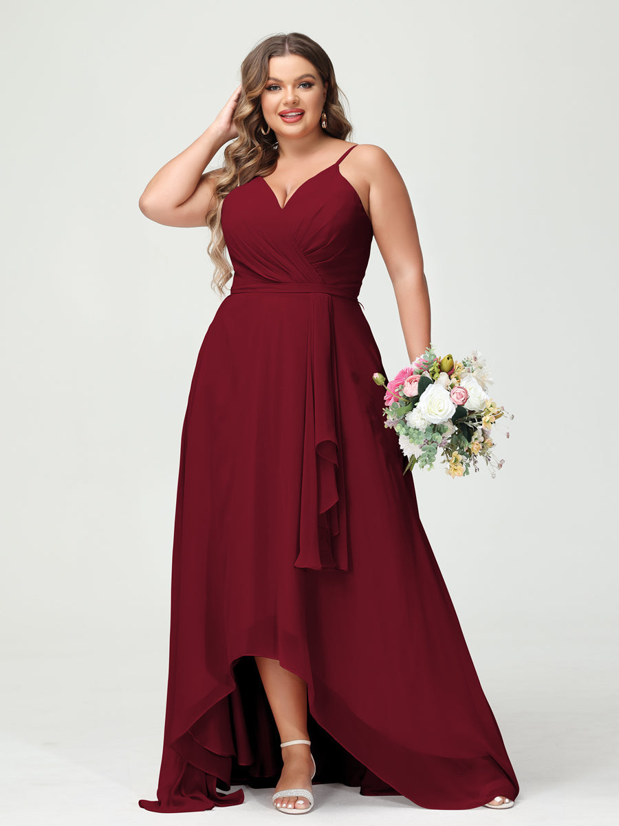 Vestidos Princesa/ Formato A com Alças Finas Em Chiffon Babados Assimétricos Vestidos de Dama de Honra com Bolsos
