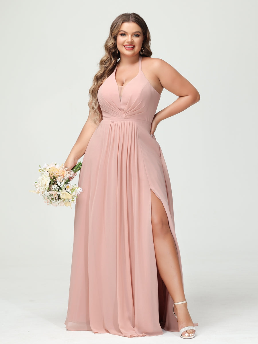 A-Line/Princesa Halter Sem Mangas Chiffon Ruched Split Side Plus Size Vestidos de Dama de Honra com Bolsos