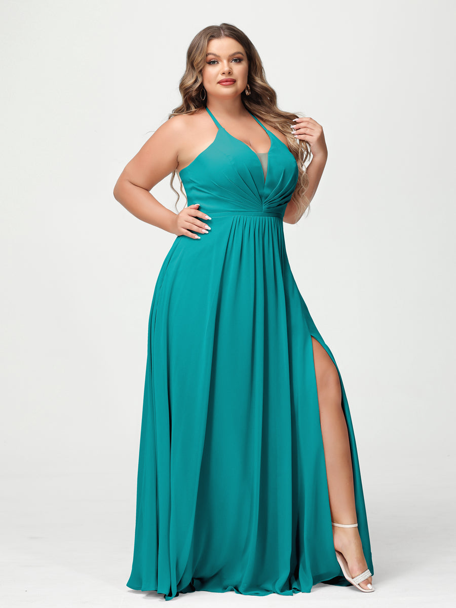 A-Line/Princesa Halter Sem Mangas Chiffon Ruched Split Side Plus Size Vestidos de Dama de Honra com Bolsos