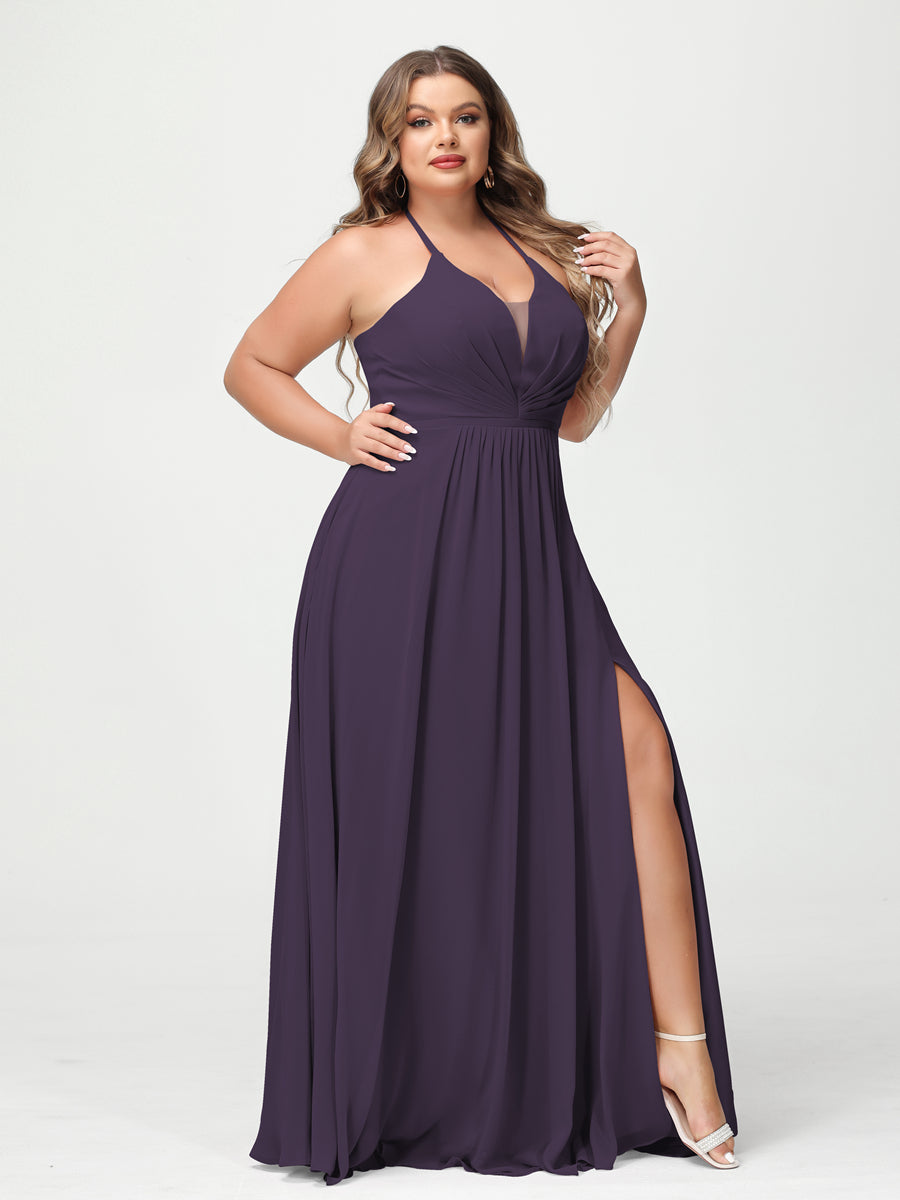 A-Line/Princesa Halter Sem Mangas Chiffon Ruched Split Side Plus Size Vestidos de Dama de Honra com Bolsos