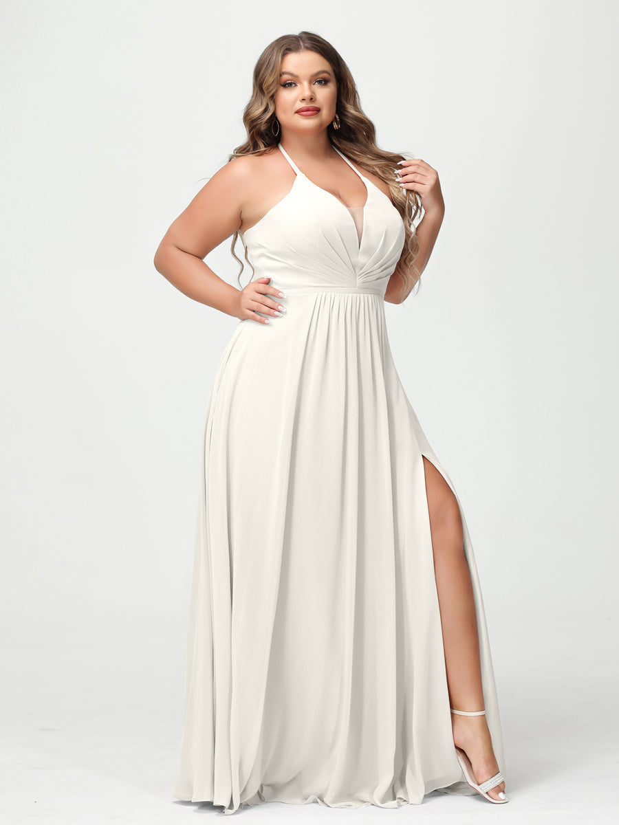 A-Line/Princesa Halter Sem Mangas Chiffon Ruched Split Side Plus Size Vestidos de Dama de Honra com Bolsos