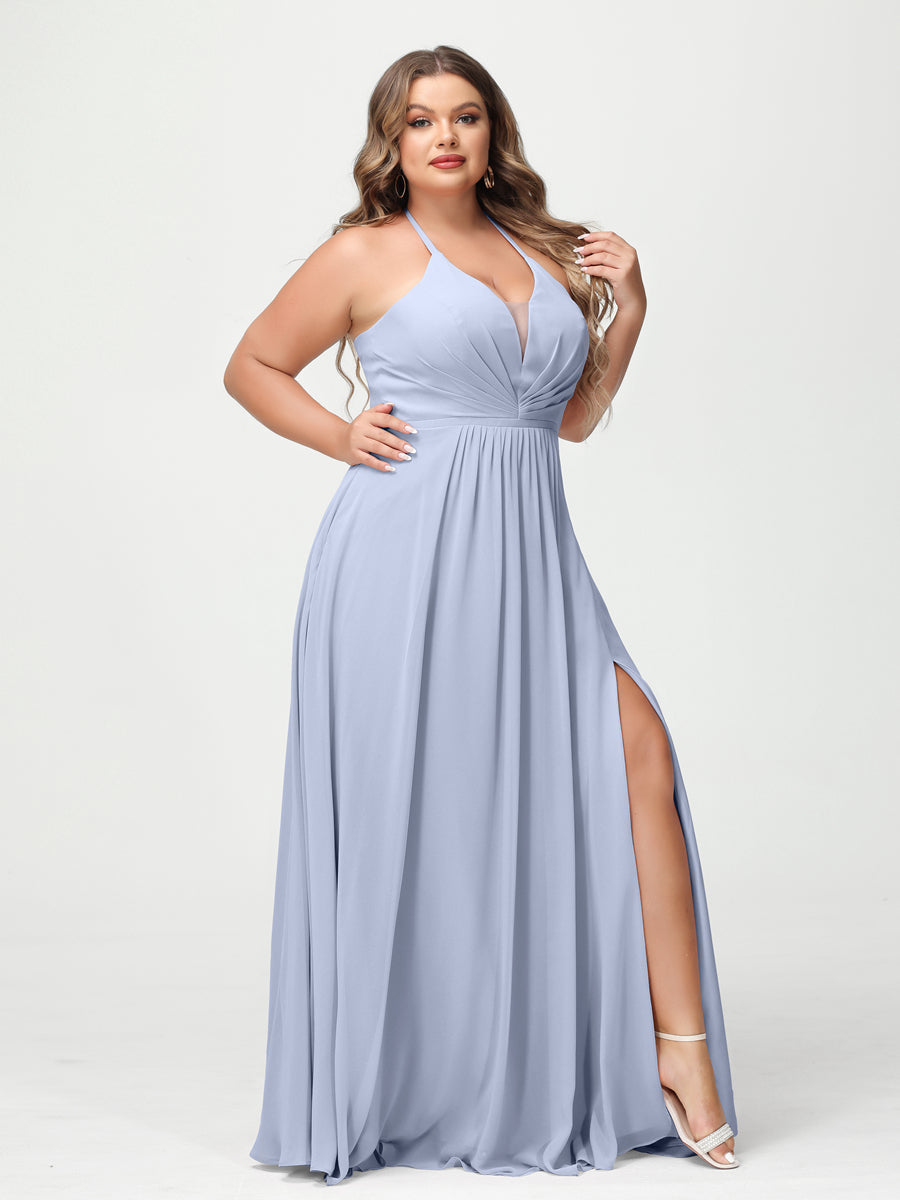 A-Line/Princesa Halter Sem Mangas Chiffon Ruched Split Side Plus Size Vestidos de Dama de Honra com Bolsos