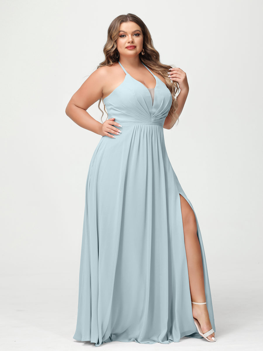 A-Line/Princesa Halter Sem Mangas Chiffon Ruched Split Side Plus Size Vestidos de Dama de Honra com Bolsos